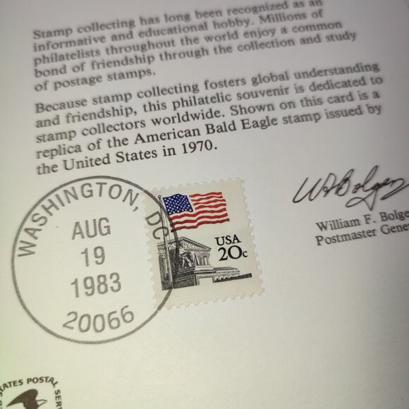 Ephemera Collectible 1983 American Bald Eagle US Flag Stamp Philatelic Memento - Picture 2 of 4